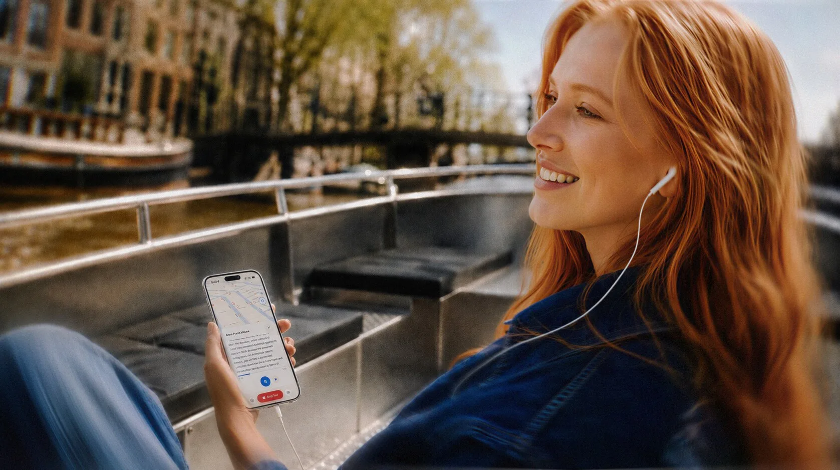 Traveler listening to Amsterdam Mokum Tour on a canal boat in Amsterdam
